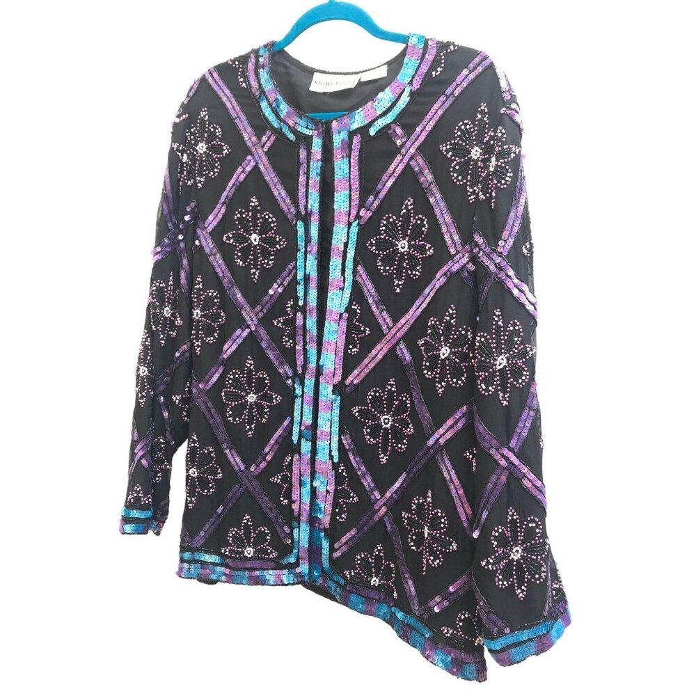 RARE Night Vogue 2X Beaded Sequin Jacket | Purple Teal Black Silk | Vintage 90s